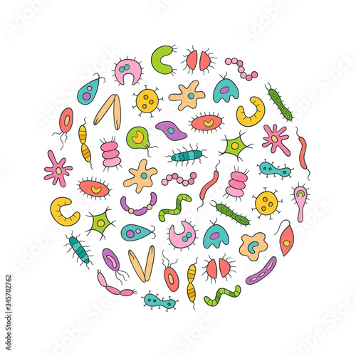 Microbes, virus, bacterias and pathogen icons colorful set. Abstract vector illustration of germs in the linear style on white background