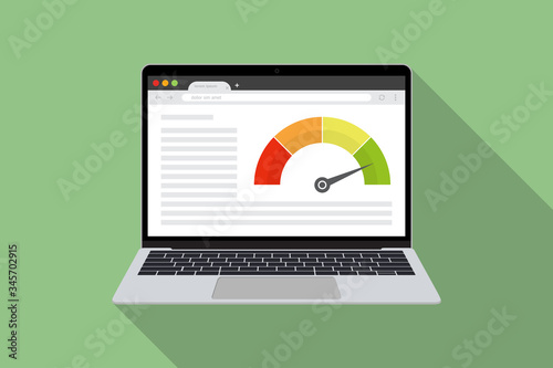Laptop with speed test internet power in a flat design