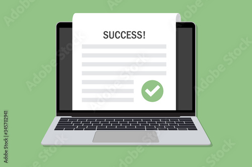 Laptop with success document with tick in a flat design