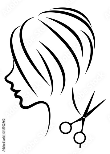 Silhouette of a cute lady. The girl shows a hairstyle on medium and short hair and scissors. Suitable for logo, hairdresser advertising. Vector illustration