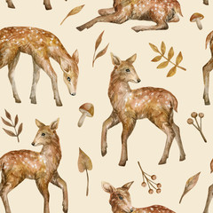 Fototapete Rehkitz-Muster Niedliches Bambi Waldnatur Aquarellmuster  © Kate K.