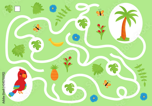 Help the parrot collect all leaves. Educational maze game for preschool children. Learn count and write. Cute kawaii character. Jungle animals.