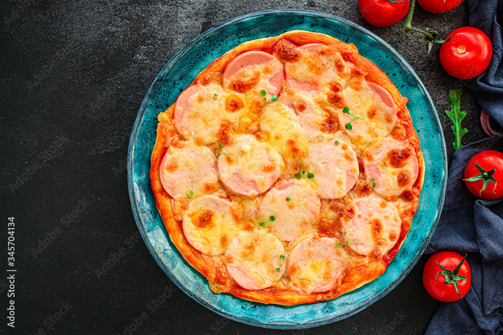 pizza sausage, tomato sauce, cheese Menu concept, food background, diet. top view. copy space for text pizza sausage, tomato sauce, cheese Menu concept, food background, diet. top view. copy space for text