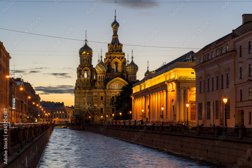 Sankt Petersburg at night, with a view towards the Church of the Savior on Spilled Blood, Russiand