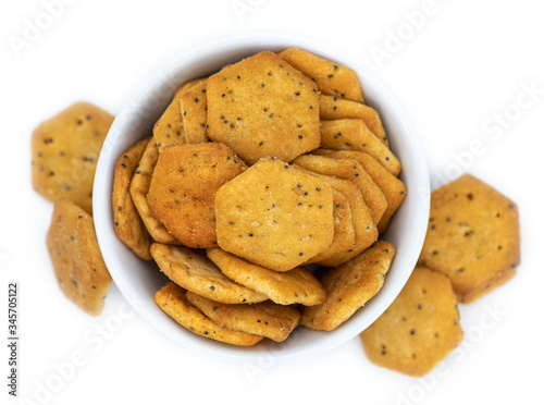 Mixed Snacks isolated on white (close up shot; selective focus)