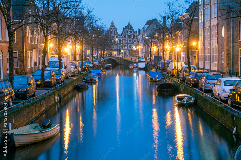 Night view of canal in Haarlem, Netherlands