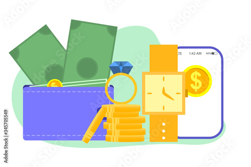 Pawnshop items from jewelry articles, watches, and different electronic namesakes. Composition of a pawnshop with money and wallet.