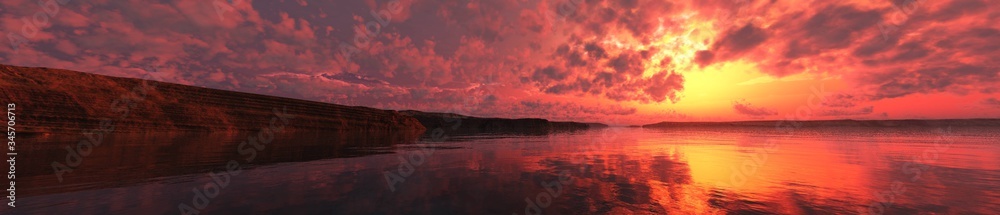 Dramatic sea sunset in the bay, beautiful panorama of the sea landscape at sunrise, 3D rendering