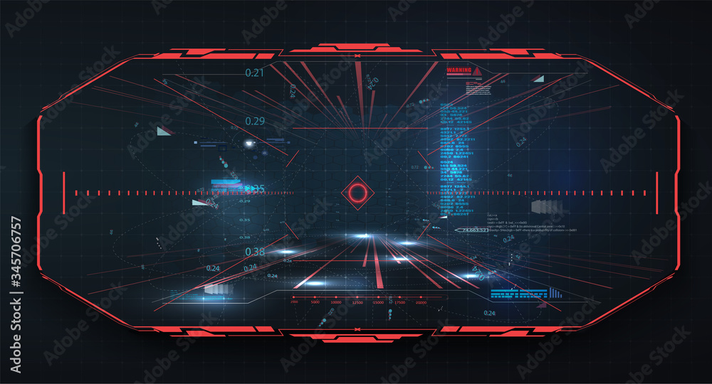 Modern illustration for game background design Futuristic HUD, GUI interface screen design  vector. Sci-Fi Virtual Reality technology view display. Technology vr background. Red virtual reality gaming - obrazy, fototapety, plakaty 