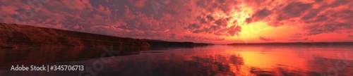 Dramatic sea sunset in the bay  beautiful panorama of the sea landscape at sunrise  3D rendering