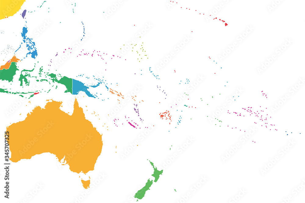 Oceania, colored single states, political map. Geographic region, southeast of the Asia-Pacific region including Australasia, Melanesia, Micronesia and Polynesia. Illustration over white. Vector.
