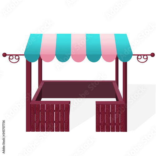 An empty market stall with a pink and green striped awning. Layout of a wooden counter with a canopy for street trade, retail stand for trade. Vector illustration.Isolated on a white background.