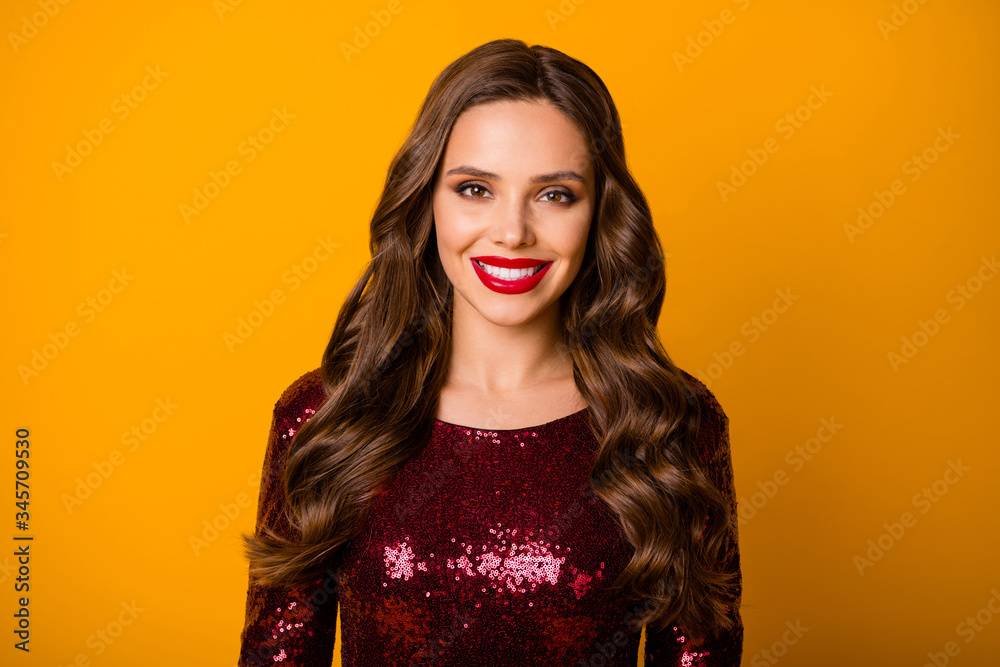 Closeup photo of charming chic lady cheerful good mood ready look for students event festive party prom wear sequins burgundy dress isolated vivid yellow color background Closeup photo of charming chic lady cheerful good mood ready look for students event festive party prom wear sequins burgundy dress isolated vivid yellow color background