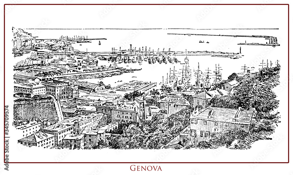 Vintage illustrated table with a panoramic view of Genoa the most important Italian seaport and one of the most important ports on the Mediterranean sea, from a lexicon of the 19th century