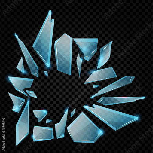 Realistic transparent shards of broken glass. Blue golssy glass pieses. Crash background.