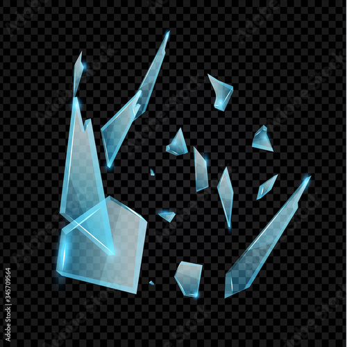 Realistic transparent shards of broken glass. Blue golssy glass pieses. Crash background.