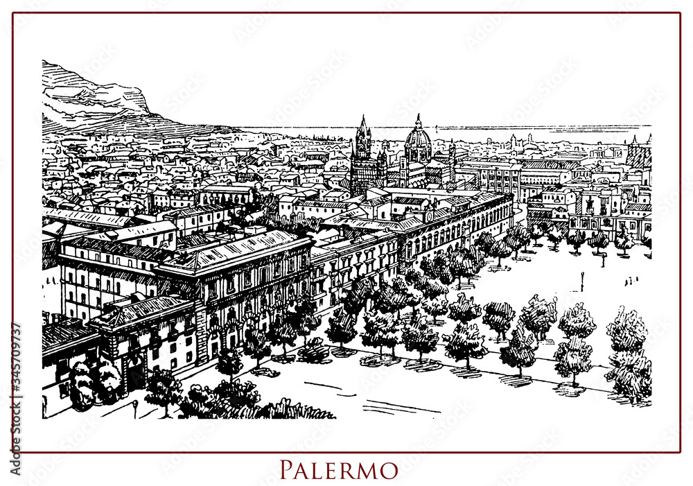 Vintage illustrated table with a panoramic view of the city of Palermo, 2700 year old, capital of Sicily island and region of Southern Italy, city rich of history, art,and culture.