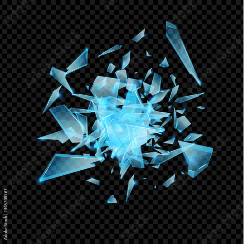 Realistic transparent shards of broken glass. Blue golssy glass pieses. Crash background.
