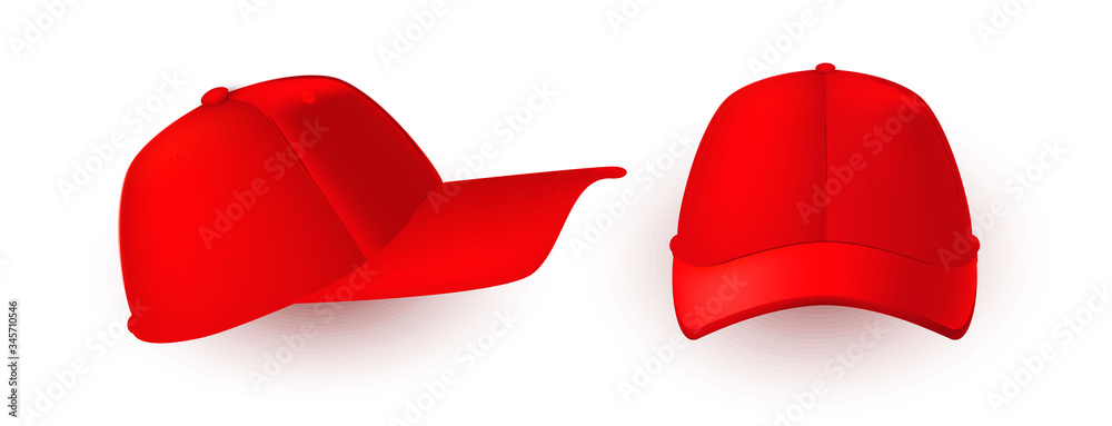 Red cap isolated on white. Front and side fiew of realistic 3D caps. - obrazy, fototapety, plakaty 