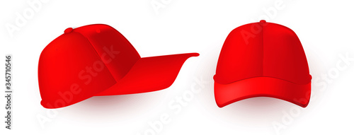 Red cap isolated on white. Front and side fiew of realistic 3D caps.