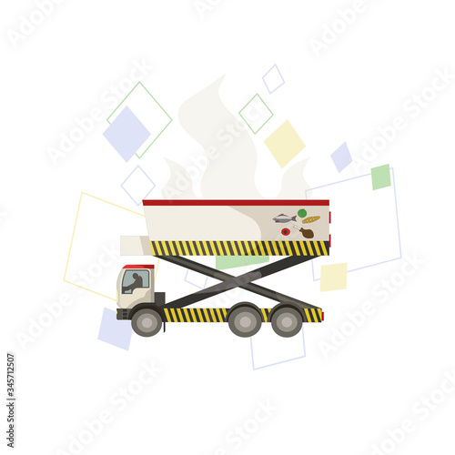 Catering or lift truck with pallet and colorful diamonds on white isolated background, vector illustration for making prints, pictures or elements of design in Platform Equipment or Airport topics.