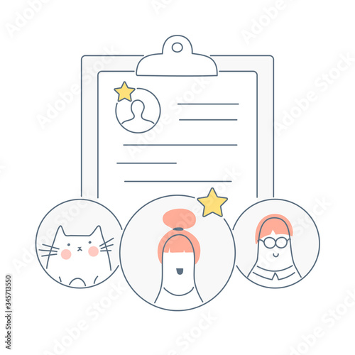 Recruitment and headhunting, employment service and workers recruitment concept. Resume research, employee assessment, and evaluation. Flat line clipboard with character's faces. Vector illustration.