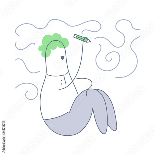 Psychology, psychotherapy, mental health concept. The guy sitting on the floor and draws the labyrinth on the walls. Flat line vector illustration on white.