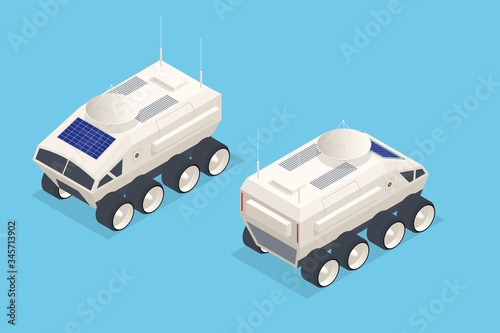 Isometric Rover Moon or Mars Rover, robotic space autonomous vehicle. Space expedition.
