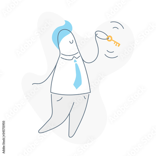 Cute cartoon man with a key in his hand. Opportunity, registration, solution, key decision, challenge or finding an answer metaphor. Flat thin line vector illustration on white.