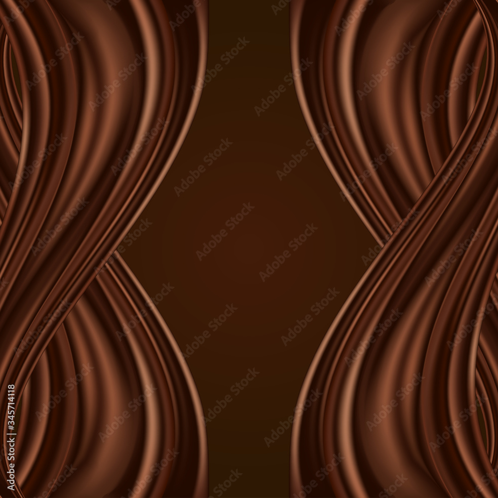 Chcocolate background with swirl waves, dark brown color flow, wavy twist satin or silk curtain. Vector illustration, abstract design. Chcocolate background with swirl waves, dark brown color flow, wavy twist satin or silk curtain. Vector illustration, abstract design.