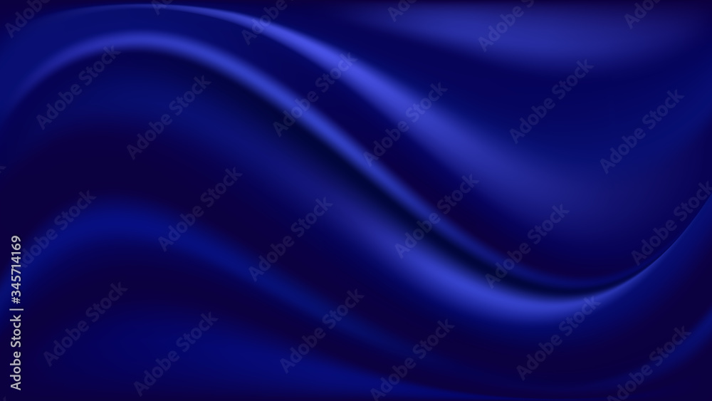 Blue silk background. Wavy satin fabric texture, deep blue color flow