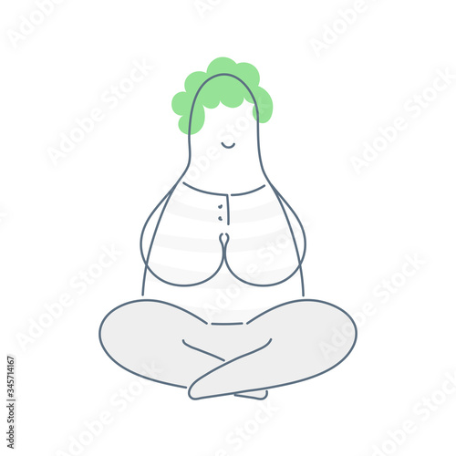 Meditation cartoon man, health balance, clean mind and emotions, yoga lotus practices meditation. Flat line vector icon on white background.