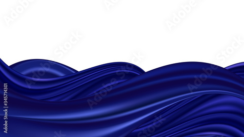 Blue wave swirl, smooth silk or satin texture. Wavy luxurious border on white background for abstract design. Vector illustration