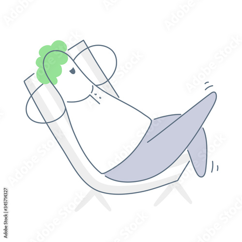 A carefree man lies on a lounger or deck chair and relaxes. Vacation, calm, holiday, а break during work. Flat thin line vector illustration on white.