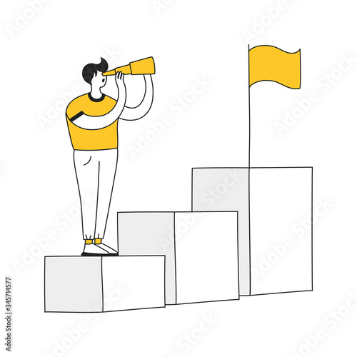 Career advice growth opportunity analysis, financial planning, personal growth concept. Cute cartoon man standing on the chart and flag-waving on the highest column of the diagram. Flat line vector