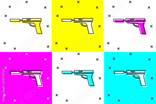 Set Pistol or gun with silencer icon isolated on color background.  Vector Illustration