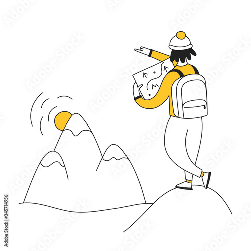Tourist with a map explores the area. Opposite him are mountains and the setting sun. Flat line modern vector illustration in black yellow light design style.