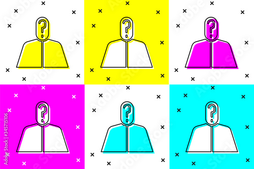 Set Anonymous man with question mark icon isolated on color background. Unknown user, incognito profile, business secrecy, obscurity.  Vector Illustration