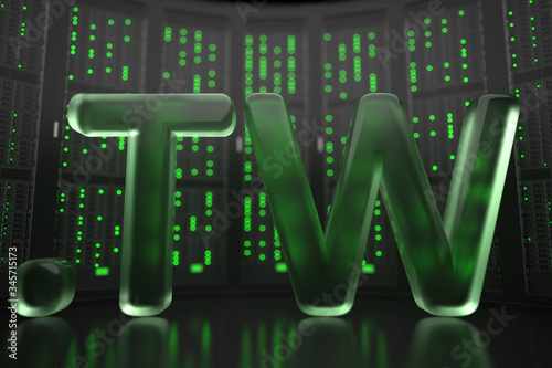 Taiwanese domain .tw on server room background. Internet in Taiwan related conceptual 3D rendering