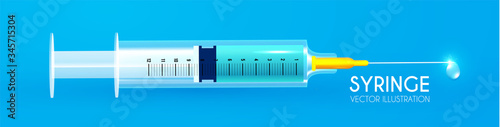 Realistic glossy medical syringe with needle and drop.