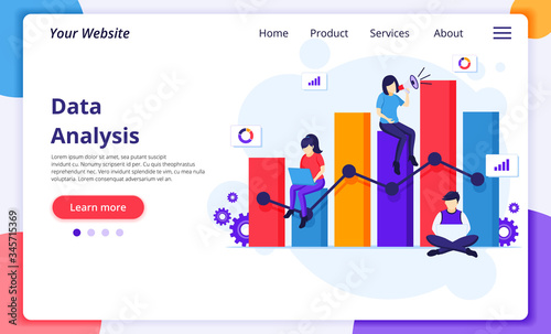 Data Analysis concept, People work near a big graph chart. Modern flat web page design for website and mobile development. Vector illustration