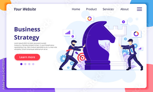 Business strategy concept with businessmen moving giant chess pieces. Strategic planning and tactics in business. Modern flat web page design for website and mobile development. Vector illustration