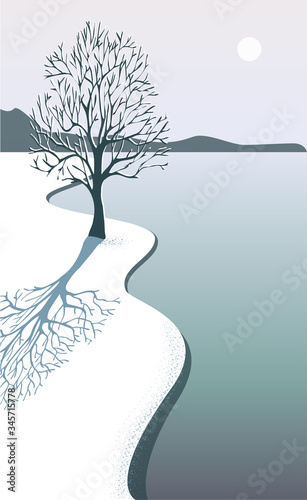 Beautiful winter landscape with a tree by the river.Vector illustration.