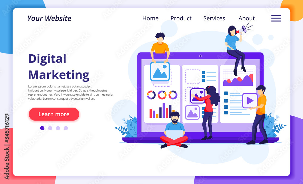 Digital Marketing concept, people are putting content on-screen to promote products online. Modern flat web page design for website and mobile development. Vector illustration