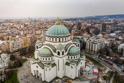 Aerial view of the temple of St. Sava in Belgrade, Serbia on a sunny say