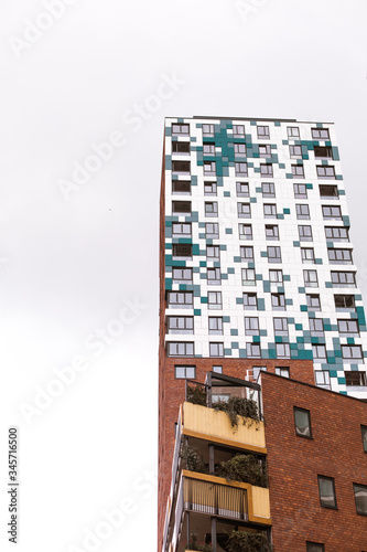 Apartament building with a blue and white pattern