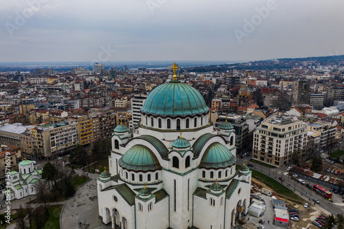Aerial view of the temple of St. Sava in Belgrade, Serbia on a sunny say