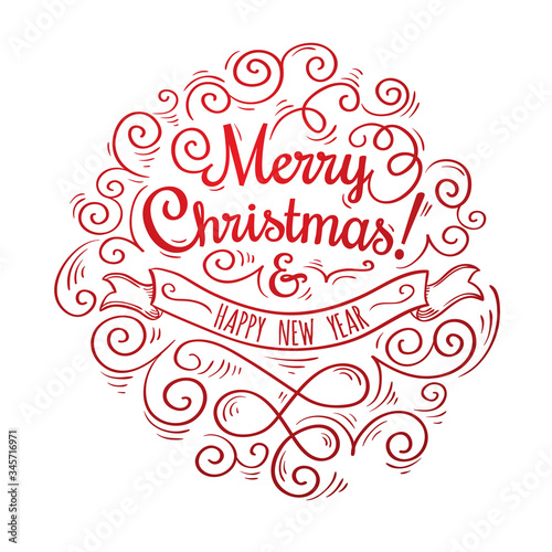 Merry Christmas and Happy New Year - decorative ornate lettering. Holiday greeting design.