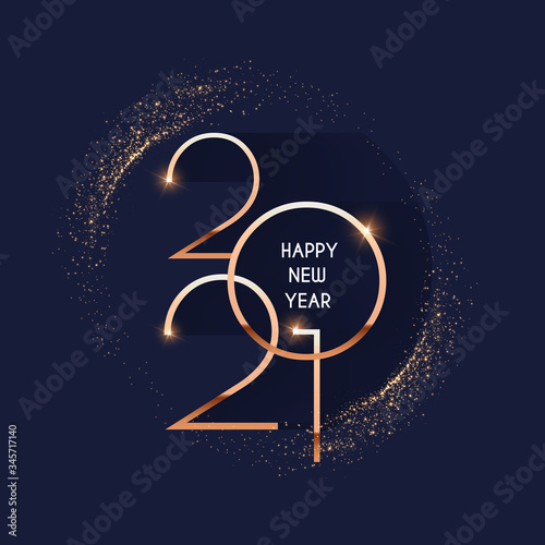 Happy new 2021 year Elegant gold text with light. Minimalistic text template.