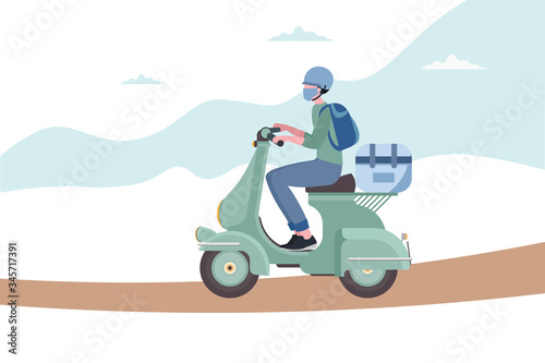 Courier for the delivery of goods on a motorcycle. Online service with delivery.